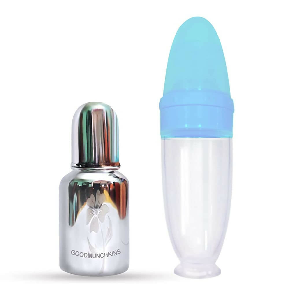 Goodmunchkins Stainless Steel Feeding Bottle for Baby Anti Colic Silicon Nipple Feeder 150 ml Combo Pack-Blue | Grocsy