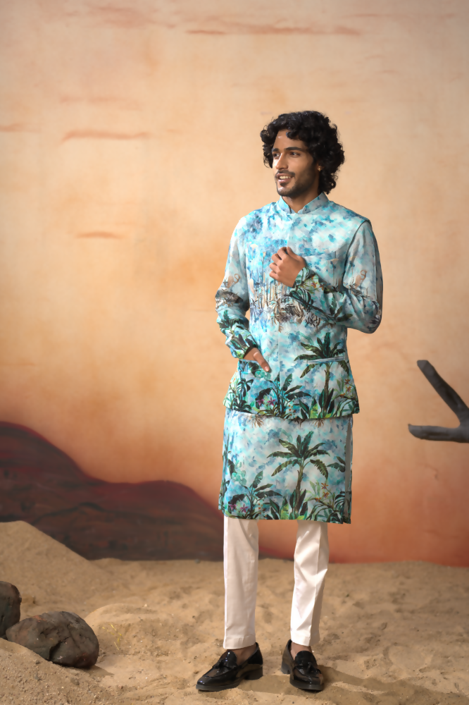 Palm Trees Relaxed Hues Printed Silk Nehru Jacket Set by Hilo Design | Grocsy