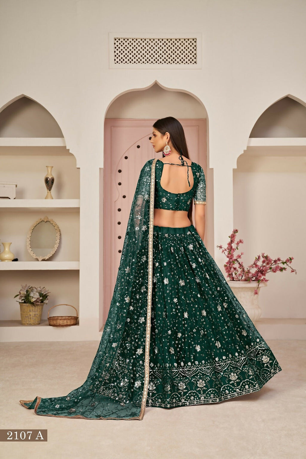 Eilara Women'S Green Butterfly Net Thread With Zari Sandwich Sequence Embroidered Work Lehenga Choli For Festivals | Grocsy