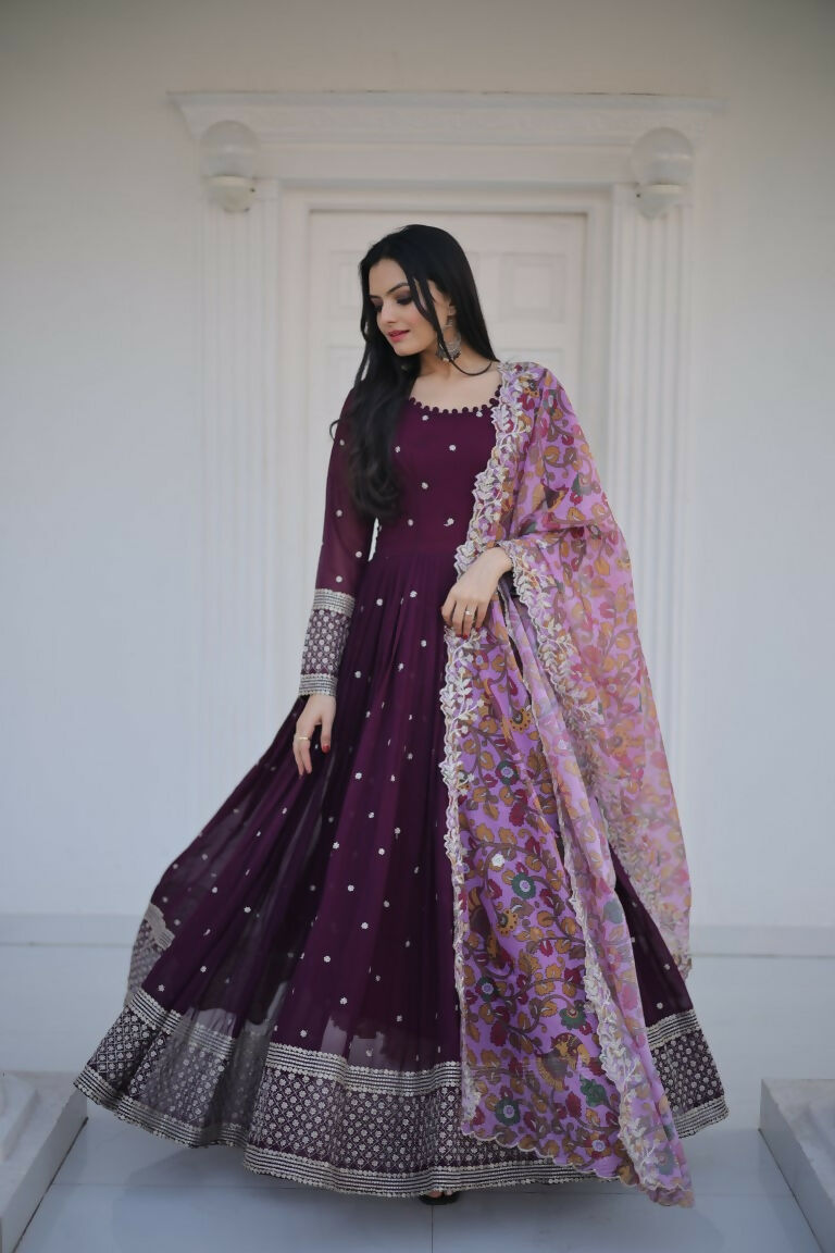 Jyoti Fashion Women's Wine Faux Blooming Sequence Zari Embroidered Anarkali Dress with Dupatta | Grocsy