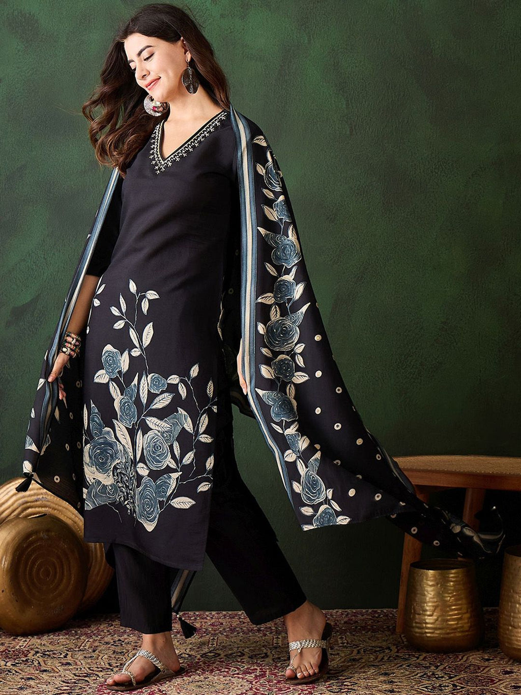Sangria Floral Printed Sequinned V-Neck Straight Kurta & Trouser With Dupatta | Grocsy