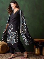 Sangria Floral Printed Sequinned V-Neck Straight Kurta & Trouser With Dupatta | Grocsy