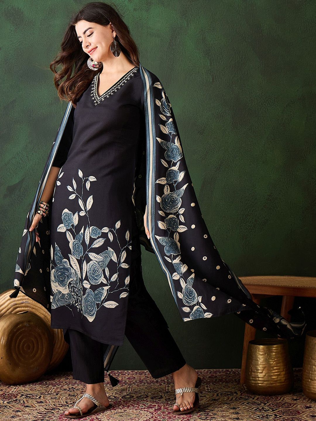 Sangria Floral Printed Sequinned V-Neck Straight Kurta & Trouser With Dupatta | Grocsy