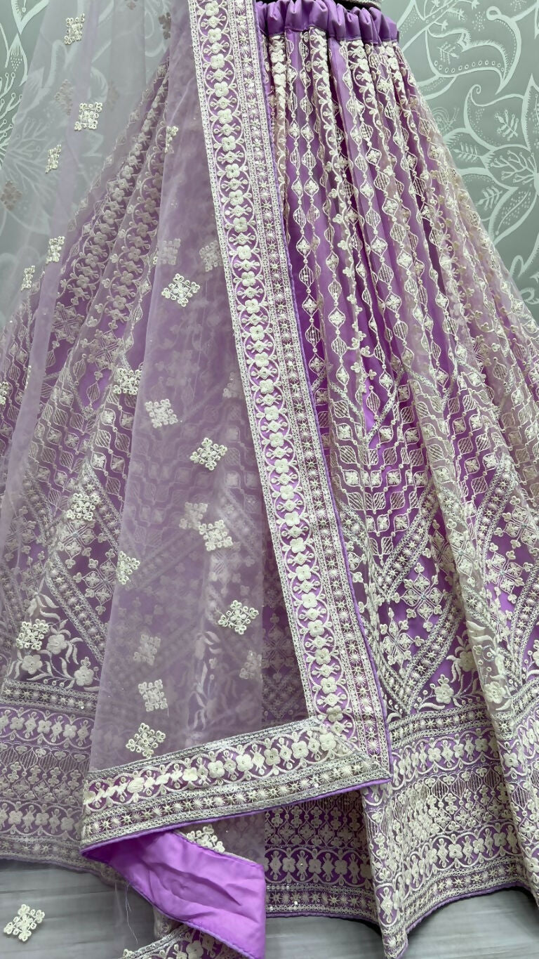 Jyoti Fashion Women's Mauve Net Patterned Thread Embroidered with Sequins Wedding Lehenga Choli | Grocsy