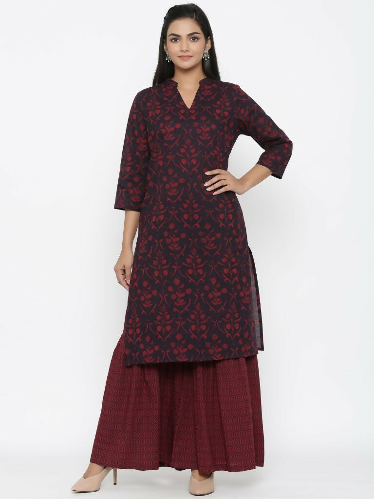 Miravan Women's Cotton Floral Print Straight Kurta Sharara Set | Grocsy