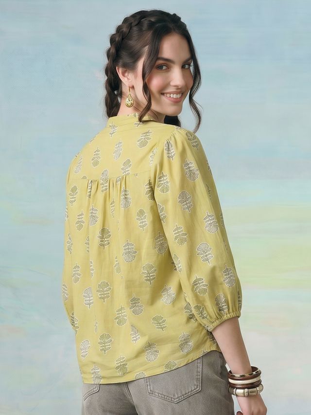 Janasya Lime Green Shirt Cotton Top | Grocsy