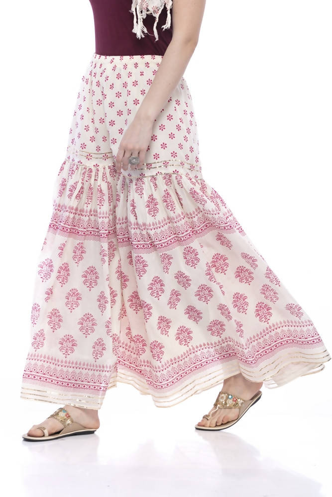 Mominos Fashion Cotton Block Print With Lace Work Off White Maroon Color Prints Palazzo | Grocsy