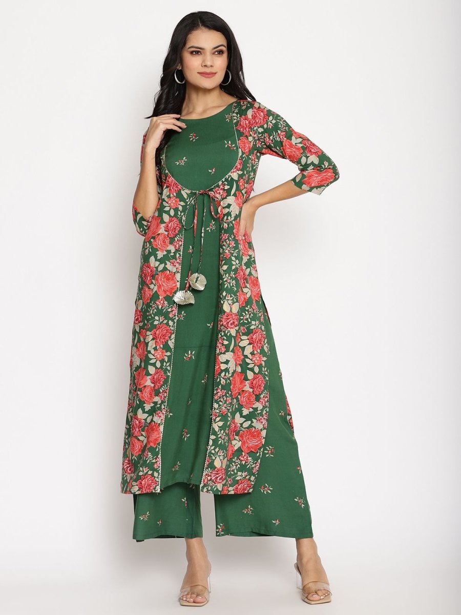 Ahalyaa Women's Green Rayon Printed Kurta Palazzo Set | Grocsy