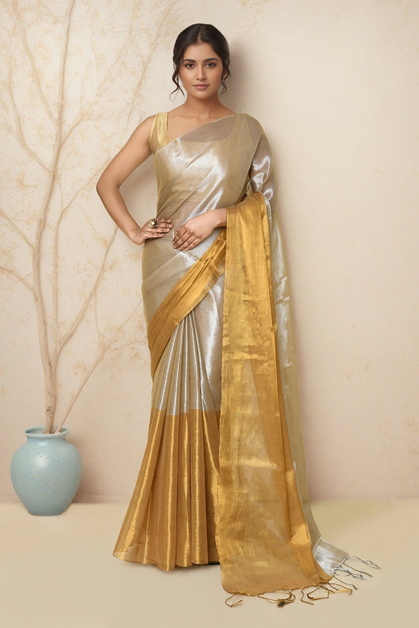 Joban Fashion Light Beige Tissue Saree | Grocsy