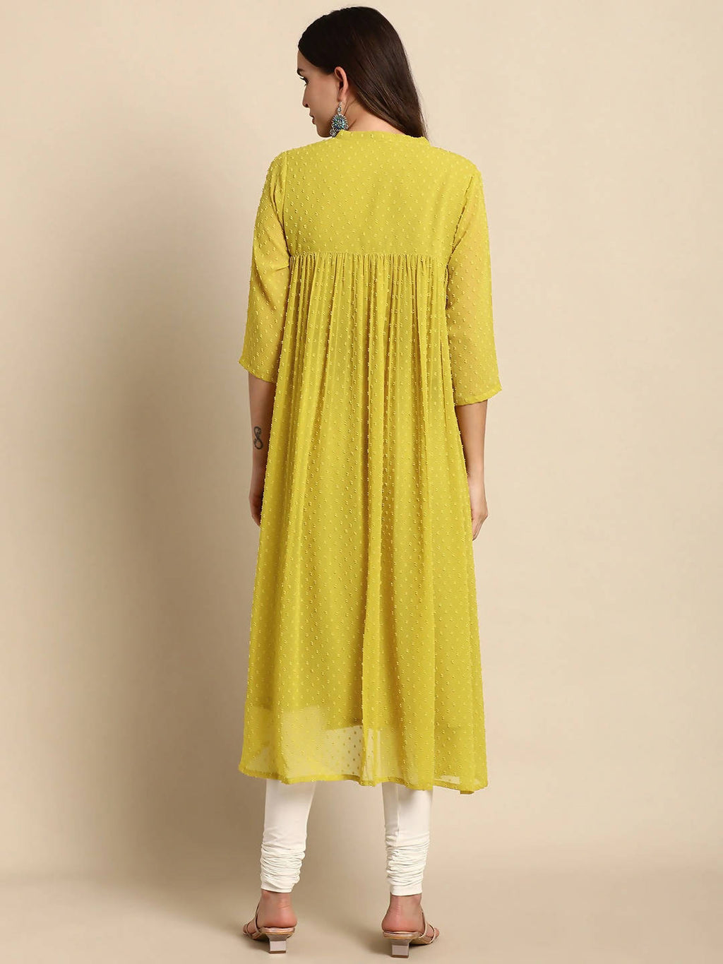 Janasya Women Mustard Yellow Dobby Weave Poly Chiffon Kurta | Grocsy