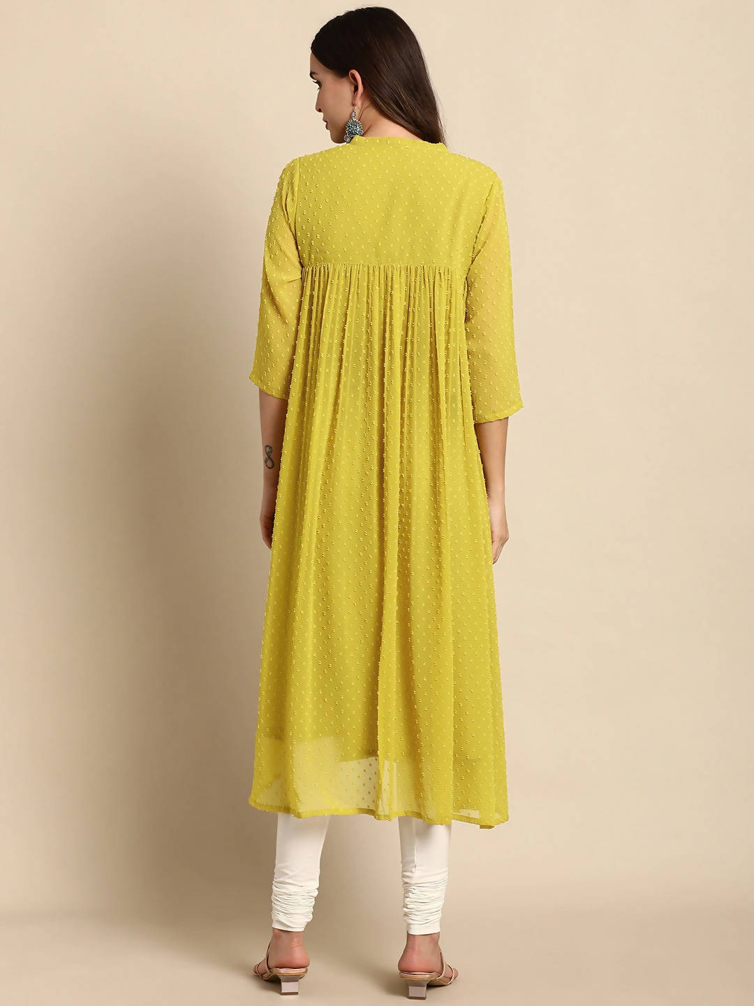 Janasya Women Mustard Yellow Dobby Weave Poly Chiffon Kurta | Grocsy