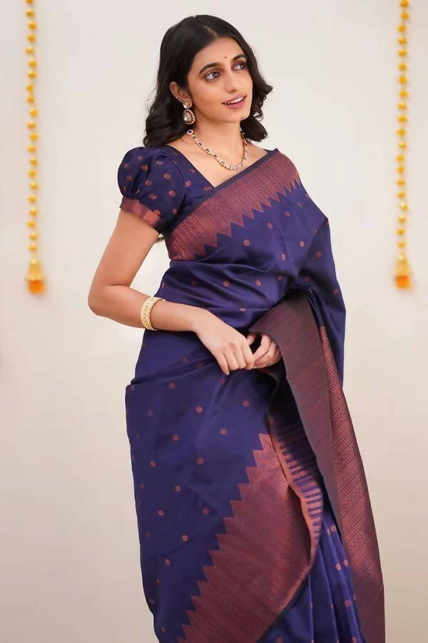 DEIANA'S Beautiful Designer Golden zari Soft Lichi Silk Saree - Navy Blue | Grocsy