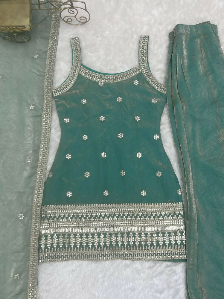 Teeya Creation Seafoam Green Embroidered Frendy Silk Sharara Suit Set | Grocsy