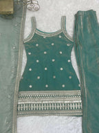 Teeya Creation Seafoam Green Embroidered Frendy Silk Sharara Suit Set | Grocsy