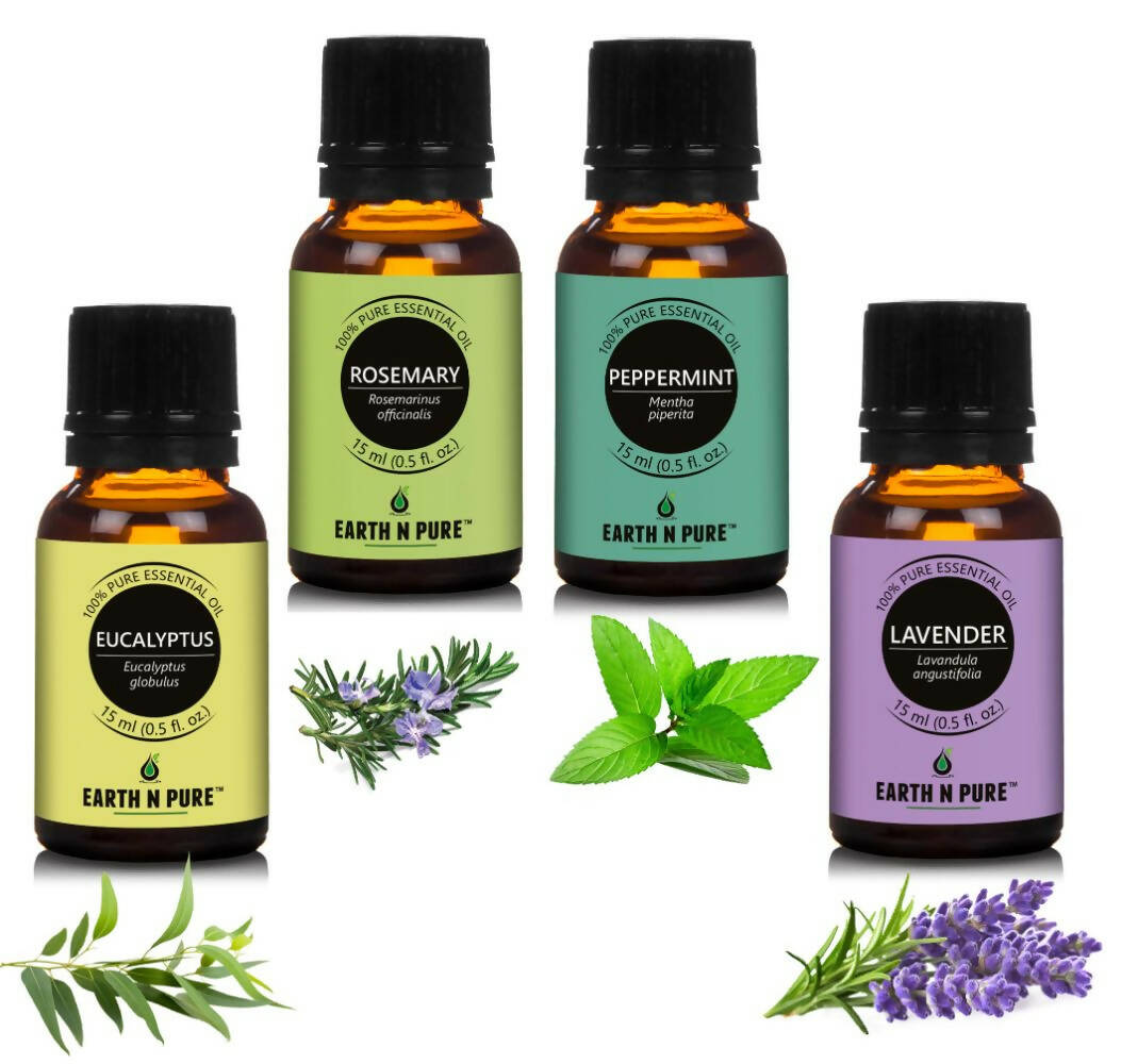 Earth N Pure Essential Oils (Eucalyptus, Rosemary, Lavender & Peppermint) Combo | Grocsy