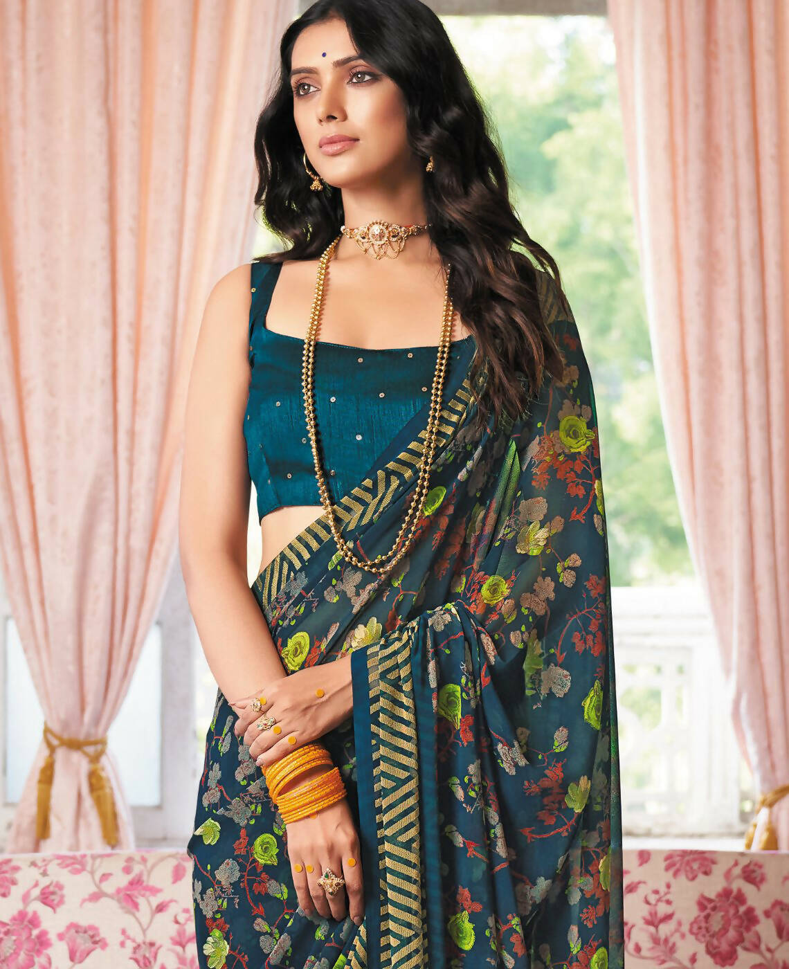 Blue Georgette Brasso Floral Printed Saree With Unstitched Blouse Piece - Zyanya | Grocsy