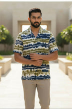 Prakriti — Olive Indigo Shibori Cotton Shirt by Hilo Design | Grocsy