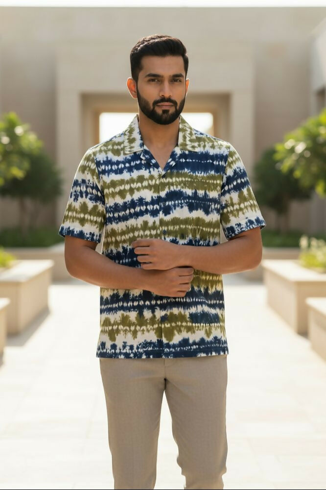 Prakriti — Olive Indigo Shibori Cotton Shirt by Hilo Design | Grocsy