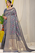 Jyoti Fashion Women's Grey Kanjivaram Silk Zari Woven Saree with Blouse | Grocsy