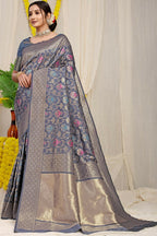Jyoti Fashion Women's Grey Kanjivaram Silk Zari Woven Saree with Blouse | Grocsy