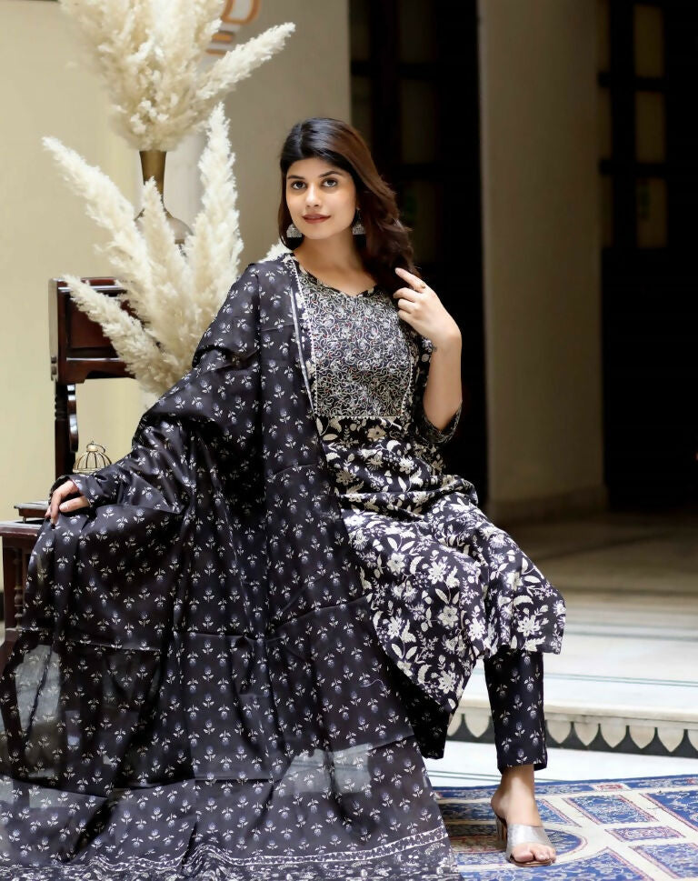 Miravan Women's Black Floral Printed Kurta Palazzo With Dupatta Set | Grocsy
