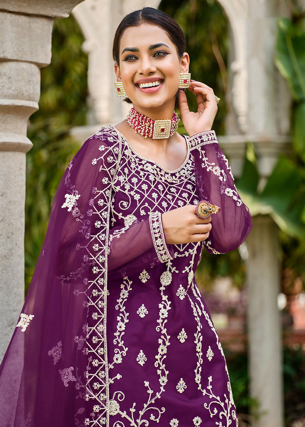 Violet Purple Stone & Cording Work Festive Palazzo Suit - Emponline | Grocsy