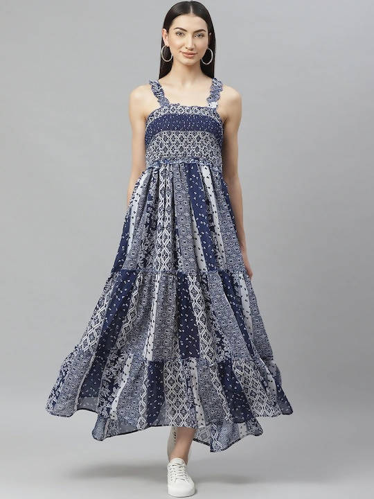 Myshka Navy Blue And White Geometric Printed Maxi Tiered Dress | Grocsy