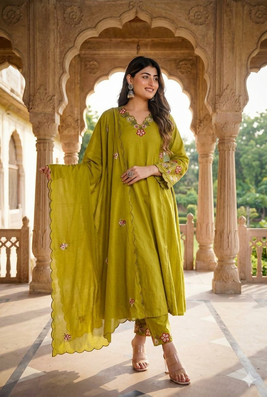 Teeya Creation Olive Green Embroidered Straight Suit Set With Dupatta | Grocsy