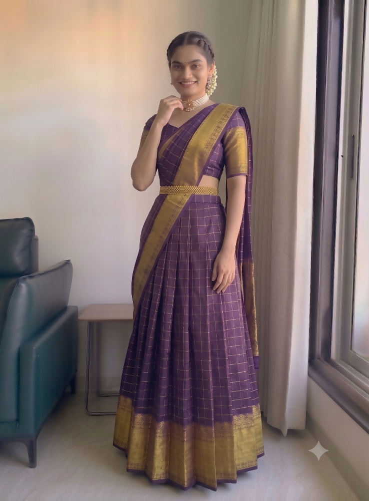 Teeya Creation Elegant Wine Red Checkered Silk Lehenga Choli with Traditional Zari Work | Grocsy