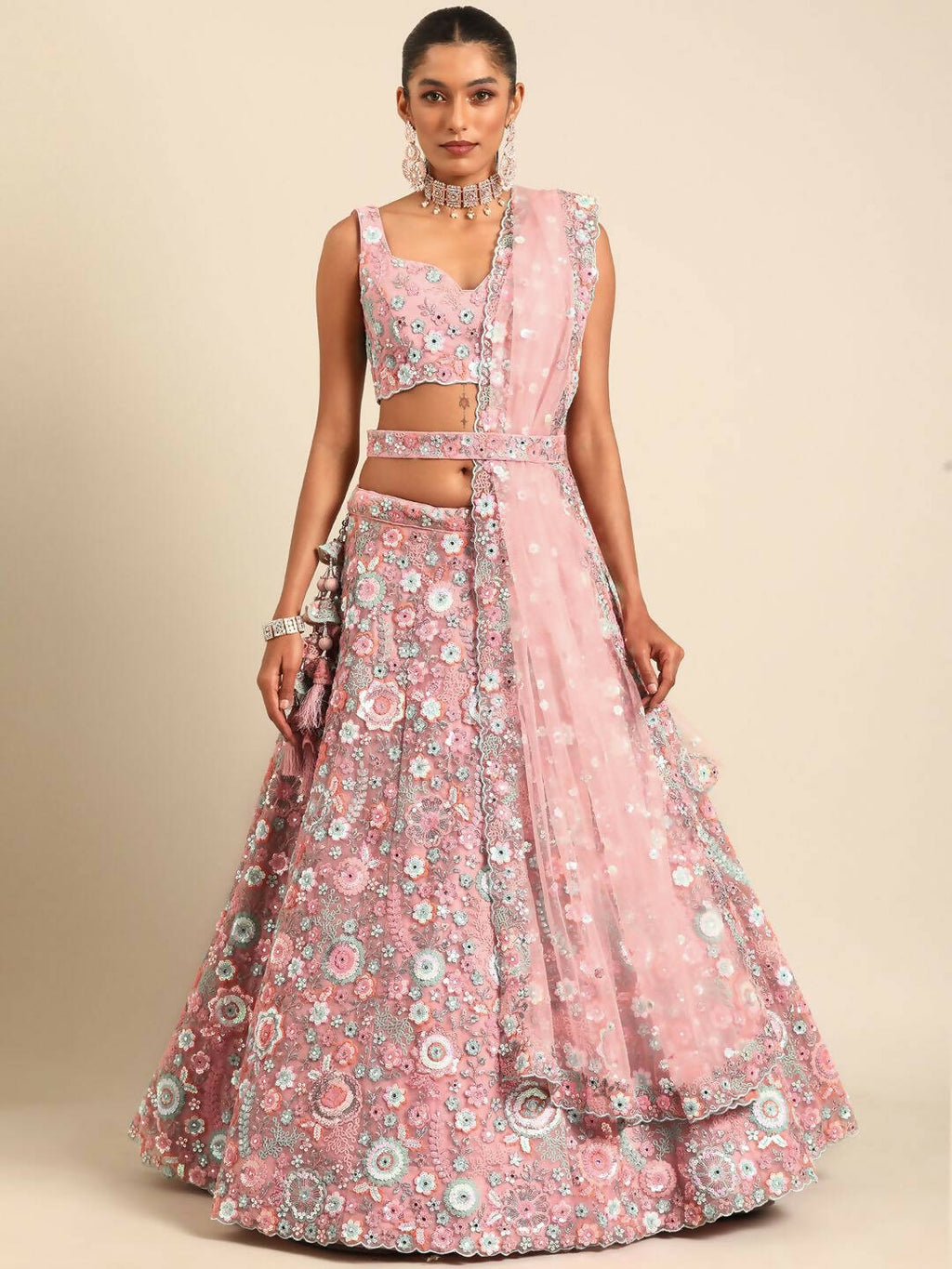 House of Panchhi Pink Net Sequins, Mirror and thread embroidery Lehenga choli & Dupatta | Grocsy