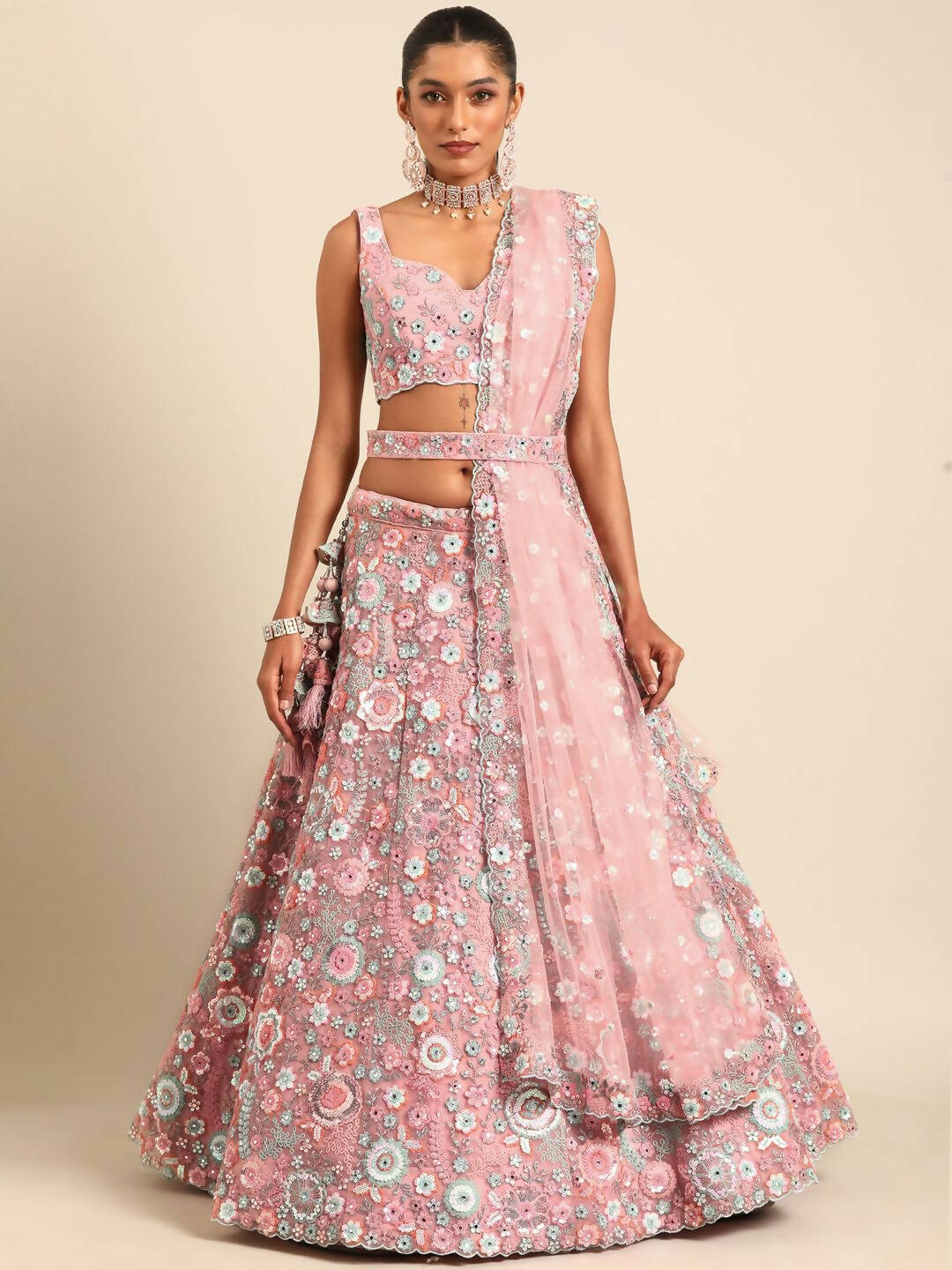House of Panchhi Pink Net Sequins, Mirror and thread embroidery Lehenga choli & Dupatta | Grocsy