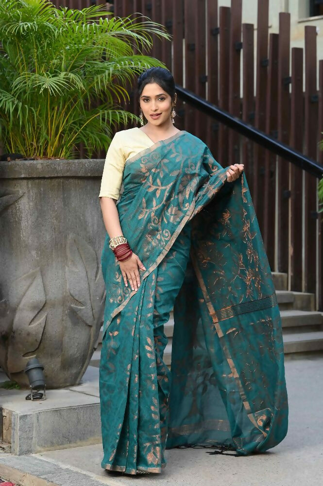 Beatitude Green Cotton Floral Jamdani Saree | Grocsy