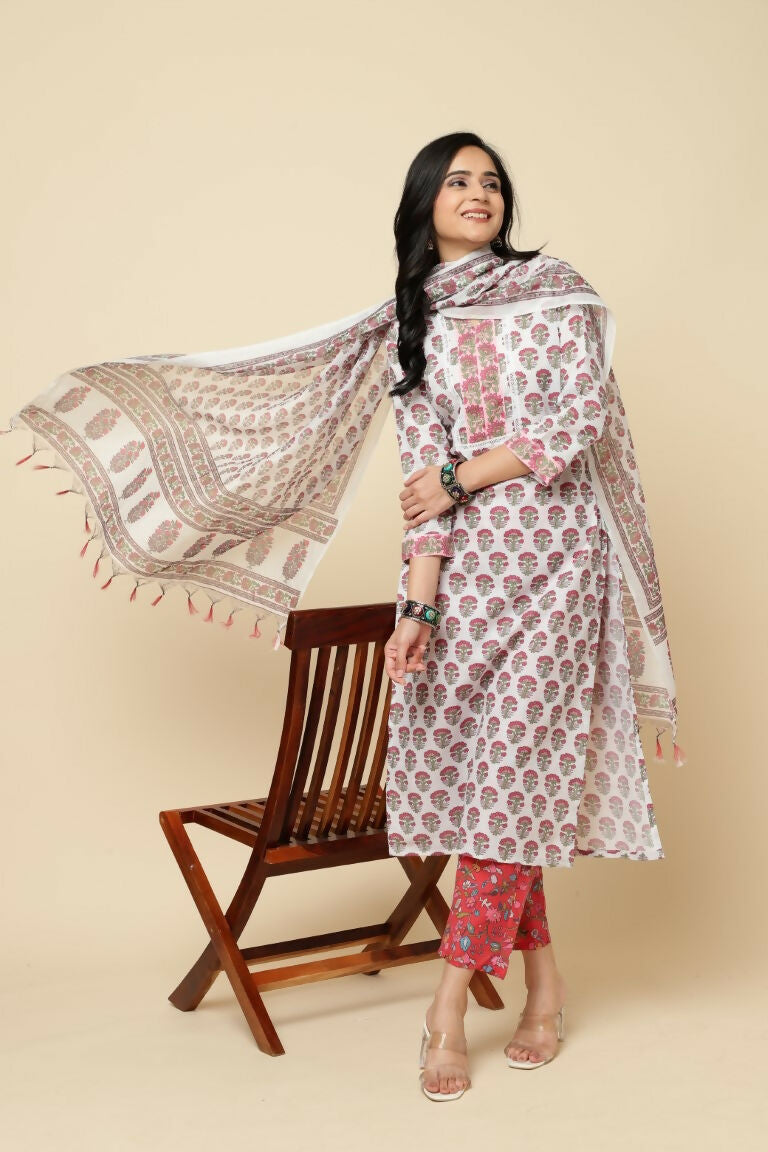 Designer Stylish Red Cotton Blend Stitched Suit With Dupatta - Tanisha | Grocsy