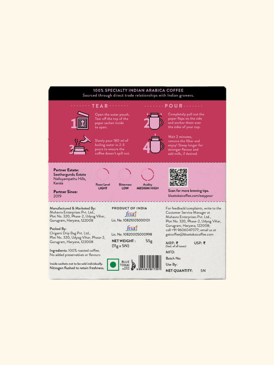 Blue Tokai Seethargundu Estate Light Roast Easy Pour Sachets | Grocsy