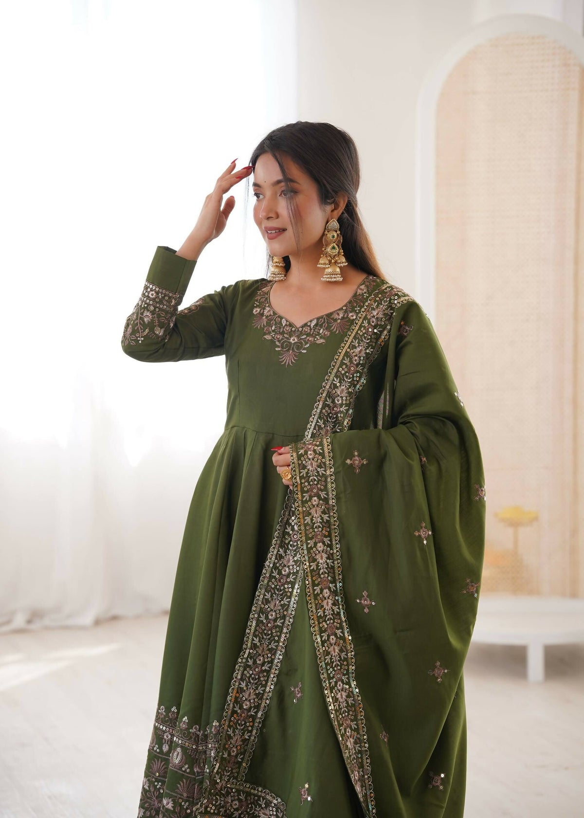 Teeya Creation Green Roman Silk Embroidery Work Party Wear Long Gown | Grocsy