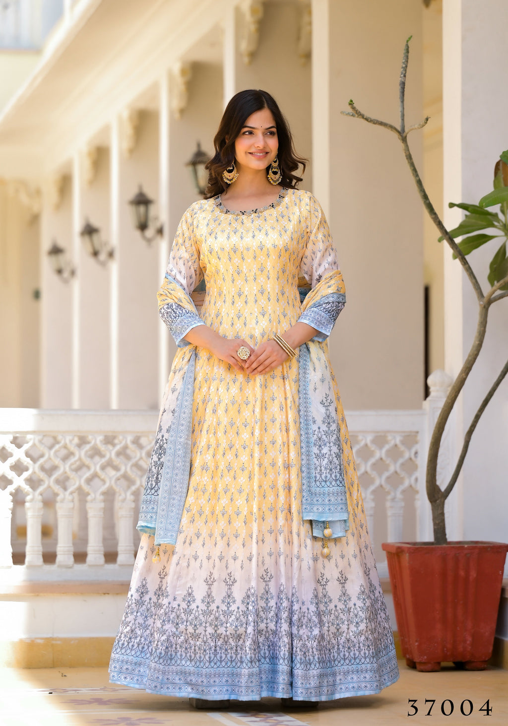 Partywear Designer Yellow Dola Silk Anarkali suit with Dupatta - Samyukta | Grocsy