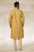 Raivat Ethnic Cotton Printed Work Kurta Pajama In Mustard Colour | Grocsy