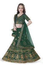 Dwiden Green Lehriyu Tafetta Sattin Semi-Stitched Girl's Lehenga Choli | Grocsy