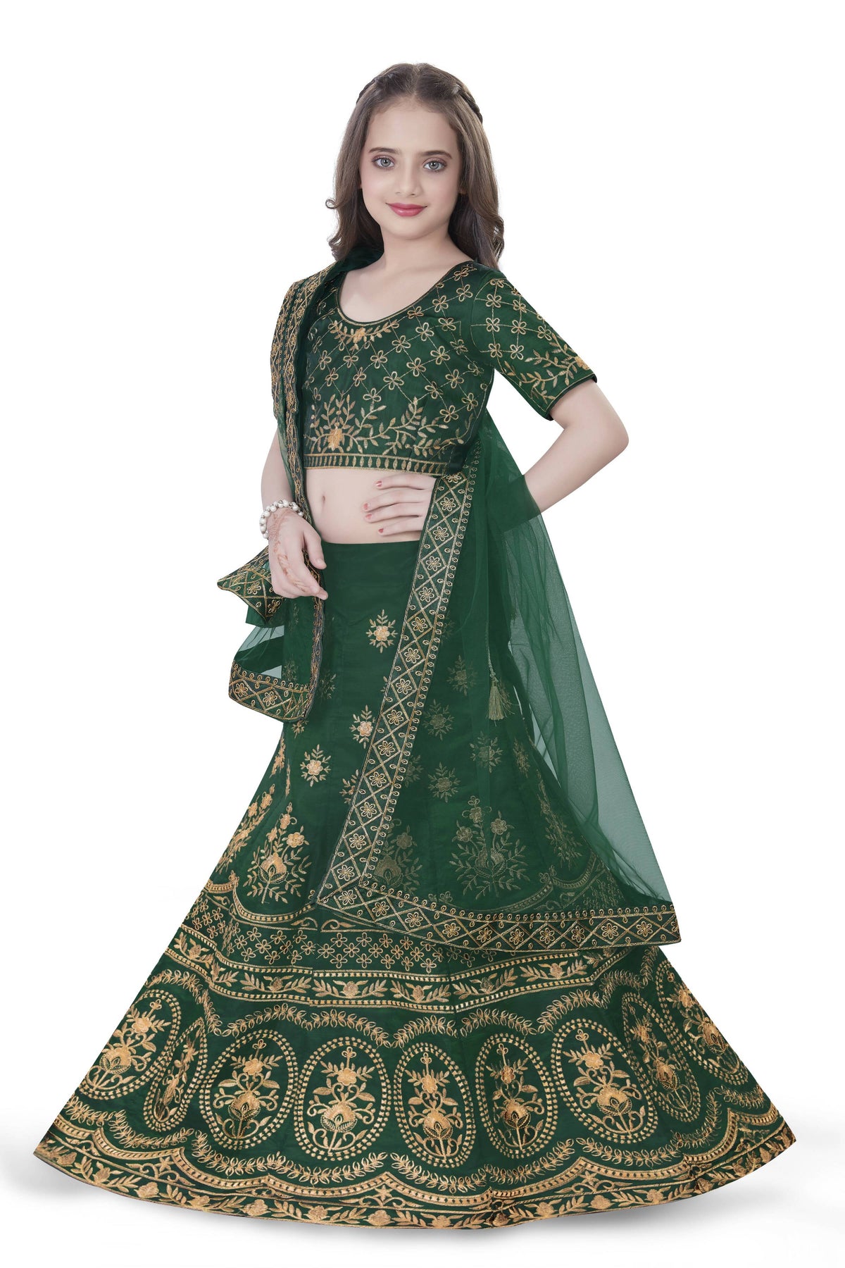 Dwiden Green Lehriyu Tafetta Sattin Semi-Stitched Girl's Lehenga Choli | Grocsy