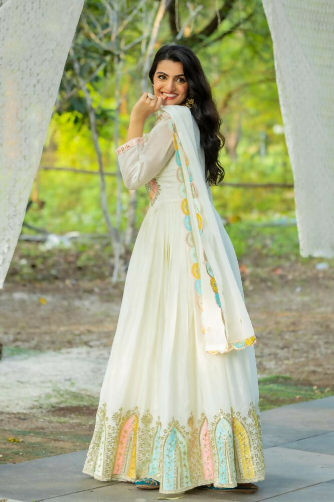 Joban Fashion White Chinnon Silk Sequence Embroidery Work Readymade Kurta Set | Grocsy