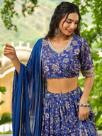 Janasya Blue Georgette Floral Lehenga Choli Dupatta | Grocsy