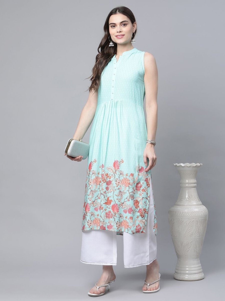 Ahalyaa Women's Sky Blue Rayon Printed Kurta Palazzo Set | Grocsy