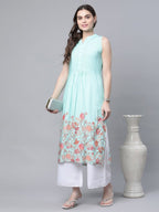 Ahalyaa Women's Sky Blue Rayon Printed Kurta Palazzo Set | Grocsy