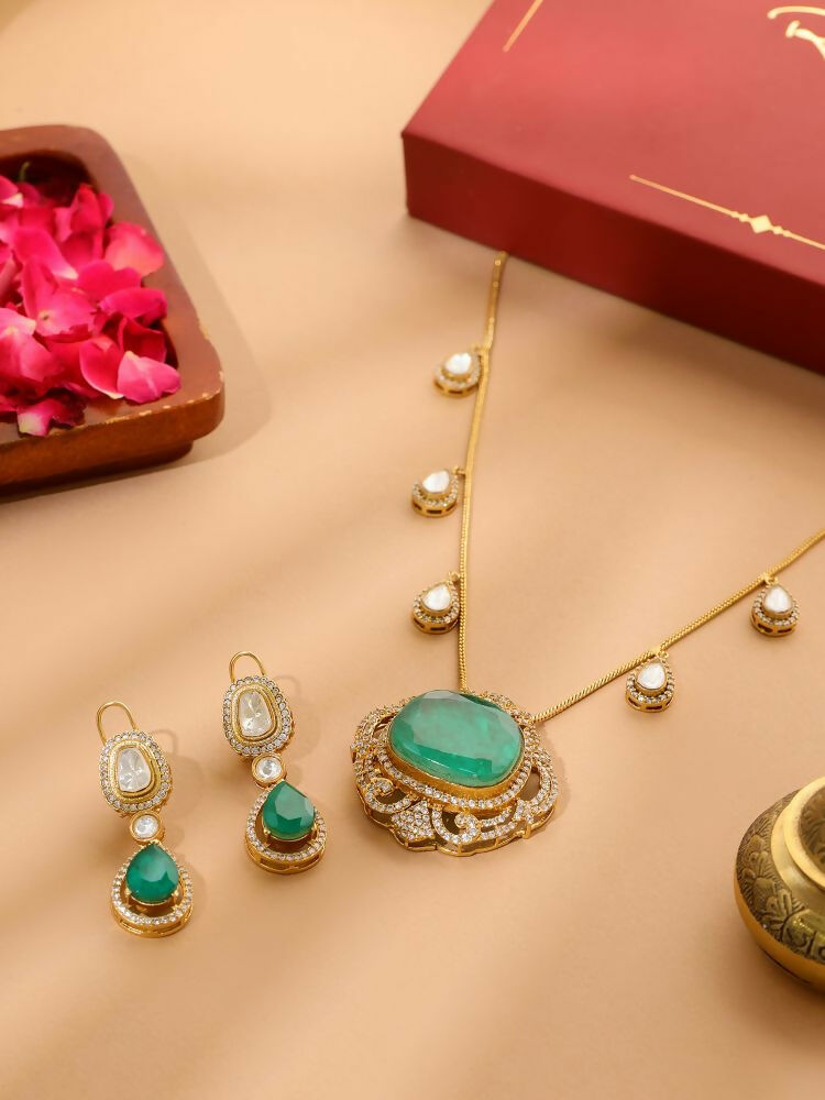 Natural Stones Antique Finish Earrings and Necklace set - Ruby Raang | Grocsy