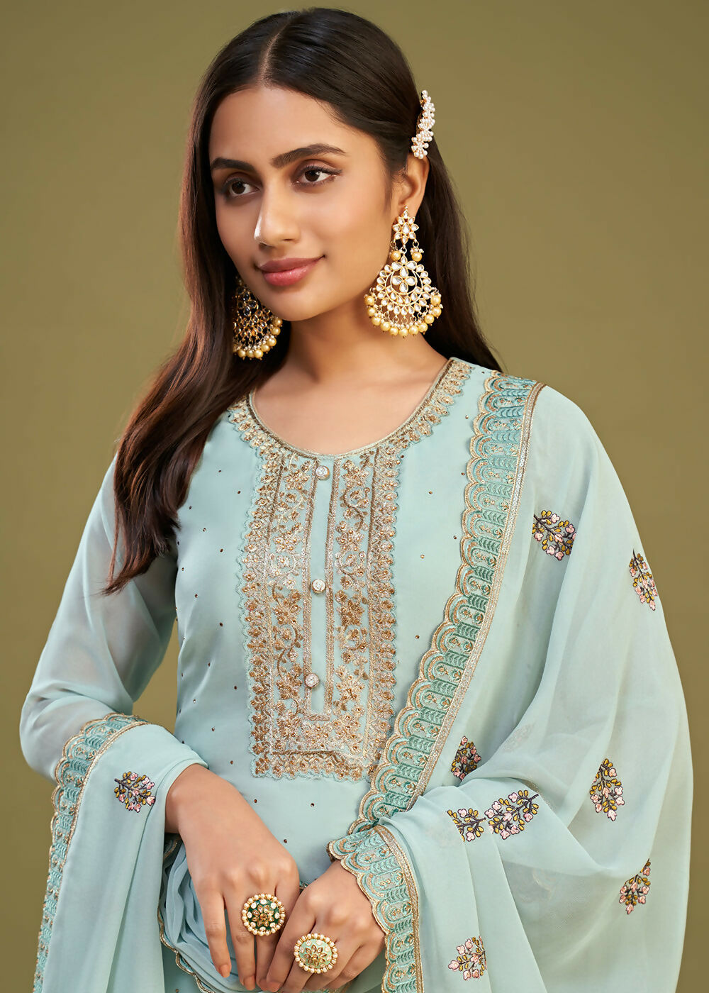Ice Blue Swarovski Work & Embroidered Eid Wear Salwar Suit - Emponline | Grocsy