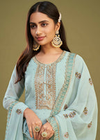 Ice Blue Swarovski Work & Embroidered Eid Wear Salwar Suit - Emponline | Grocsy