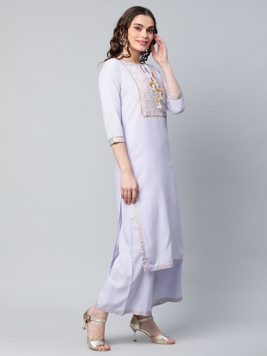 Ahalyaa Women's Powder Blue Crepe Gold Printed Kurta Palazzo Set | Grocsy