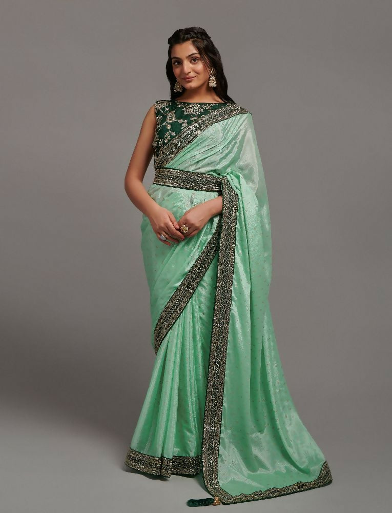 PR Fashion Pista Chinon Embroidery Lace Saree | Grocsy