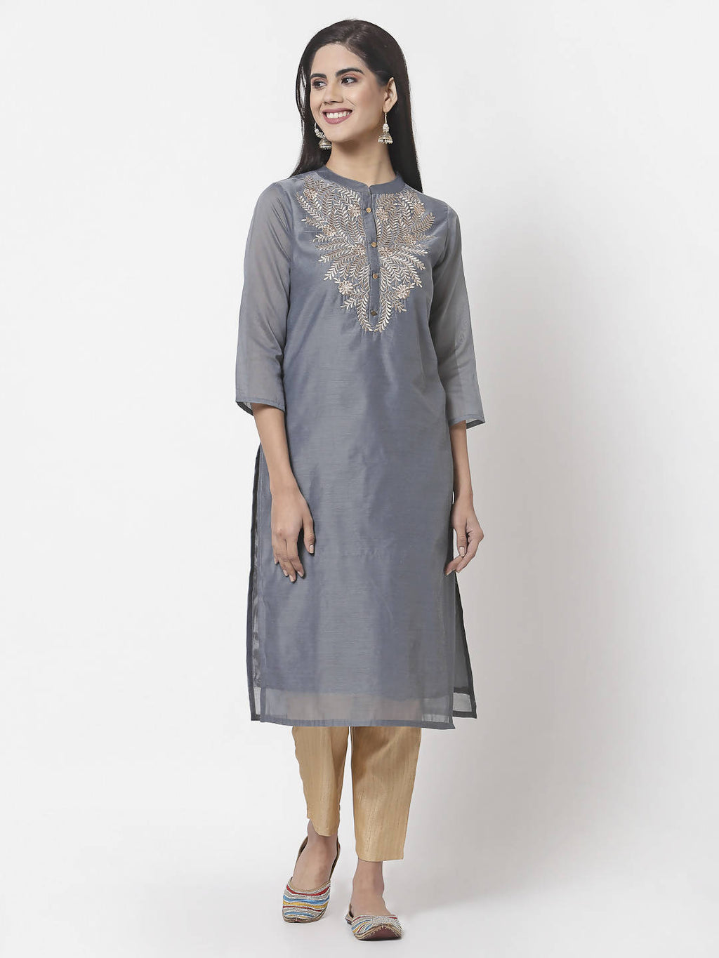 Myshka Women Grey Chanderi Embroidered 3/4 Sleeve Round Neck Kurta | Grocsy