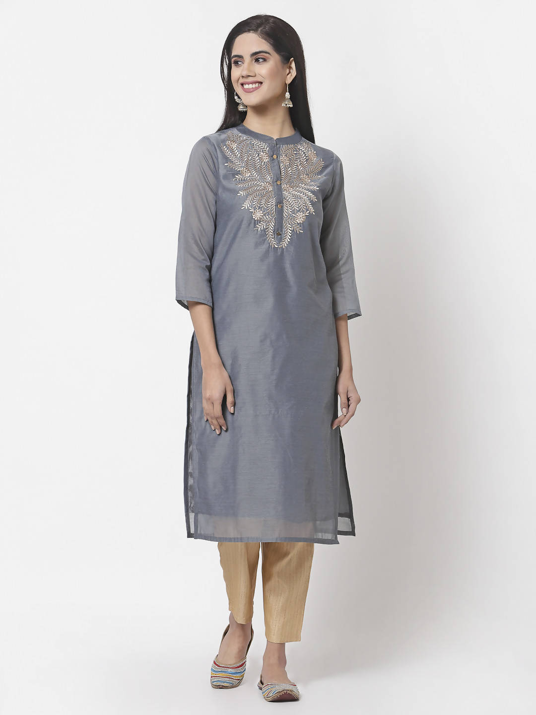 Myshka Women Grey Chanderi Embroidered 3/4 Sleeve Round Neck Kurta | Grocsy